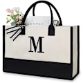 Miniatyrbillede 1 af 5: Personlig Lærred Strandtaske med Initialer, Monogram Gave Tote Taske til Kvinder