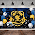 Pikkukuva 2 / 5: 7x5ft Onnellinen syntymäpäivä valokuvaustausta Poliisi teema Pojat 1. syntymäpäiväjuhlat Banner Tausta Koriste Värikkäät ilmapallot Muotokuva Banner