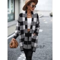 Miniatyrbillede 1 af 8: Mub- 2023 jakke løs ternet farveblok strikket cardigan mode trøje dame sort Z black XL