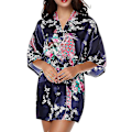 Miniatyrbild 1 av 3: Kvinnor Blommig Siden Satin Kimono Robe Klänning Sovkläder Badrock Navy Blue XL