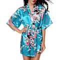 Miniatyrbild 1 av 3: Kvinnor Blommig Siden Satin Kimono Robe Klänning Sovkläder Badrock Lake Blue M