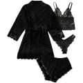 Miniatyrbild 1 av 4: Sovkläder för kvinnor 4st Blommor Spets Trim Satin Cami Pyjamas Black S