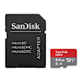 Miniatyrbillede 1 af 2: SanDisk Ultra 64 GB microSDXC-hukommelseskort (A1/UHS-I/Cl.10/140MB/s) + mobiladapter