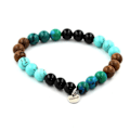 Miniatyrbillede 1 af 3: Sten og mineraler. Chrysocolla + Turkis + Sort Agat + Træperler Armbånd 8 mm. Fremstillet i Frankrig. Krysokoll, Turkos, Svart agat, Trä
