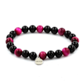 Pikkukuva 1 / 6: Kivet ja Mineraalit. Fuschia Tiger Eye Beads -rannekoru + musta akaatti 8 mm. Tehty Ranskassa. Fuschia, svart