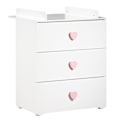 Miniatyrbillede 1 af 3: Skiftekommode - Babypris - Basic - 3 skuffer - Træ - Pink hjerteknapper Mjuk rosa, vit