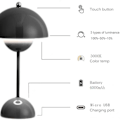 Miniatyrbillede 4 af 5: LED-bordlampe, trådløs batteri, berøringsregulerbar blomsterpottebord, 3 farver moderne svampelampe, genopladelig blomsterpottelys, (sort)