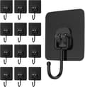 12-pack Adhesive Hooks, Heavy Duty Waterproof Self Adhesive Hooks, Strong Black Sticky Hooks for Wall Mount-FO-