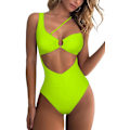 Miniatyrbillede 1 af 5: Dame one shoulder udskåret rynket bagpå høj skåret monokini badedragt i ét stykke, Neongrøn, L