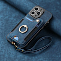 Pikkukuva 1 / 10: Sopii iPhone-älypuhelimelle nahkakuori RFID-varkausturva harja renkaan solki naru monitoiminen korttipidike Sininen [Nahkahihnan kanssa] Blue [With Leather Lanyard]] iPhone 15 Pro
