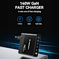 Pikkukuva 5 / 9: Verkkolaturi 100-240V GaN 140W 3x USB-C / 2x USB-A musta