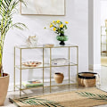 Miniatyrbillede 3 af 7: Elegant guld konsolbord med 3 hylder og glaspaneler
