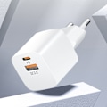 Pikkukuva 7 / 9: PD QC 3.0 seinälaturi 100-240V 20W USB-C USB-A valkoinen