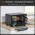 Miniatyrbillede 5 af 10: Miniovn 21L, 3 Tilberedningstilstande, 100°C-230°C, 1400W, Rustfrit Stål & Glas, Sort+Sølv, 46,4X38X28,5Cm