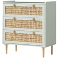 Miniatyrbillede 1 af 10: Kommode sideskab med 3 skuffer, skænk med boho stil, rattan look, skuffe kommode til stue, soveværelse, lyseblå 80 x 40 x 87,5 cm