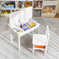 Miniatyrbillede 1 af 5: Børnebord + stol lavet af massivt træ med sammenklappelig bordplade & skuffe & kroge hvid