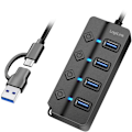 Miniatyrbillede 1 af 6: USB-hub 4-port med separate tænd/sluk-knapper USB-C/USB-A i USB 3.2 Gen1