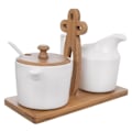 Miniatyrbillede 1 af 6: Elegant sukkerskål af porcelæn og flødekande på bambusbakke