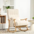 Miniatyrbillede 3 af 10: Gyngestol polstret gyngestol med lændepude sidelomme afslapningsstol træramme linned look til stue soveværelse beige