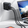 Miniatyrbild 4 av 7: GaN snabb nätverksladdare 3x USB-C 1x USB-A + vinklad USB-C-kabel 100W 2m svart