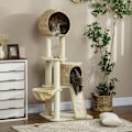 Miniatyrbillede 3 af 10: Kattekradsestolpe med rattan kattehus, flere platforme, hængekøje og rampe, anti-tip, plys, beige, 60 x 60 x 150 cm
