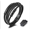 Miniatyrbillede 1 af 5: Fars Dag Sort Læderarmbånd Til Mænd Ægte Flettet Læder Stort Wrap Armbånd Med Mave