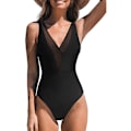 Miniatyrbild 1 av 5: Damernas Wrap Plunging V-Neck Sheer Mesh Baddräkt Svart M