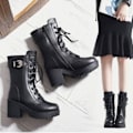 Miniatyrbillede 4 af 5: Dame Platform Block Lace Up Støvler Slip On Feet PU Læder Støvler Gave Til Jul Fødselsdag Nytår Sort Sort Sort 36