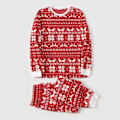 Miniatyrbillede 3 af 5: Julefamiliens Matchende Langærmede Pyjamasæt med Hjorte- og Snefnugprint i Rød Fleece (Flammehæmmende) RØDVID L Kvinder