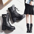 Miniatyrbillede 4 af 5: Dame Platform Block Lace Up Støvler Slip On Feet PU Læder Støvler Gave Til Jul Fødselsdag Nytår Sort Sort Sort 36