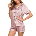Miniatyrbillede 1 af 5: Satin Pyjamas til Kvinder, Korte Pyjamas til Kvinder med Knapper, V-hals Pink XL