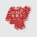 Miniatyrbillede 4 af 5: Julefamiliens Matchende Langærmede Pyjamasæt med Hjorte- og Snefnugprint i Rød Fleece (Flammehæmmende) RØDVID L Kvinder