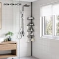 Pikkukuva 1 / 5: REMAKE Songmics Säädettävä Kylpyhuoneen Kulmahylly, 85-305cm, 4 Lokerolla, 3 Koukulla, Musta