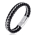 Miniatyrbillede 1 af 2: Armbånd til drenge i ægte sort læder. Titanium sølvkæde med magnetisk spænde 7\"/18 cm