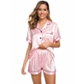 Miniatyrbillede 5 af 5: Satin Pyjamas til Kvinder, Korte Pyjamas til Kvinder med Knapper, V-hals Pink XL