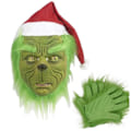 Pikkukuva 1 / 3: REMAKE Grinch, joulupukkihirviö, pukeutuu rooliasuun, ja vihreäkarvainen hirviö on pukeutunut kaikkialle