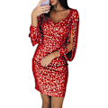 Miniatyrbilde 1 av 4: Kvinner Paljettkjole Glitter Sparkle Sexy Dyp V-hals Kort Kjole Over Kneet Lang Duskkledd Kjole Rød Red 2XL