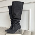 Miniatyrbilde 2 av 4: 【Tricor Store】Denim knehøye støvler med plisserte høye hæler for damer i svart Black 38