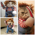 Miniatyrbillede 3 af 7: Dödlig docka hundkostym, Chucky hund cosplay rolig Halloween jul hundkostym festdräkt passar små medelstora stora hundar (M: Bröst 21\" - 27\")