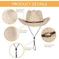 Miniatyrbillede 4 af 4: Western Cowboy Hat (med reb) til kvinder og mænd med sammenklappelig sommer solskygge stråhat bredskygget hat, beige