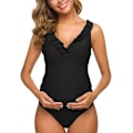 Miniatyrbillede 1 af 5: One Piece Graviditets Ruffle Badetøj Rygløs Monokini Dyb V-hals Sort XL XL