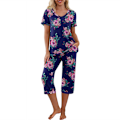 Pikkukuva 1 / 5: Naisten pyjama 2-osainen yöasu lyhythihainen T-paita ja capri-housut tummansininen tummansininen Navy Blue 3XL
