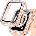 Miniatyrbillede 1 af 7: Bling Glass+ cover til Apple Watch Case 45mm 41mm 40mm 44mm 42mm 38mm Diamant bumper+skærmbeskytter iwatch serie 7 9 8 5 6 SE B pink ro B pink rose 41mm Series 7 8 9