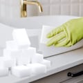 Miniatyrbillede 5 af 8: 100 stk. magiske svamp viskelæder ekstra tykke store og langtidsholdbare melamin rengøringssvampe i bulk - Multi Surface Power Scrubber skum rengøringspuder -