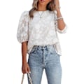 Miniatyrbild 5 av 6: Bubbelärm Chiffon Lös Topp Blommig Texturerad Skjorta（Vit） M
