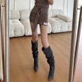 Miniatyrbilde 4 av 4: 【Tricor Store】Denim Knee High Boots med plisserte høye hæler Dame Svart Black 41