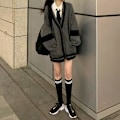 Miniatyrbillede 5 af 5: Dybtown Grå Strikket Strikket Cardigan Dame Koreansk Stil Harajuku Oversize Jumper Preppy Fashion Dame Toppe Vinter