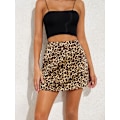 Miniatyrbilde 6 av 8: AVEKI Kvinners Leopard Print Høy Midje Lagdelt Sateng Kort Skjørt, Gul - Leopard, S