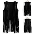 Miniatyrbillede 3 af 5: 1970'ernes Kvinde Tassel Ærmeløs Vest 70'er Retro Hippie Kunstlæder Frynser Jakke Cardigan Sort Black L