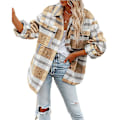 Miniatyrbillede 2 af 4: Dame Casual Plaid Langærmet Skjorte, Flannel Shacket Skjortejakker Khaki L